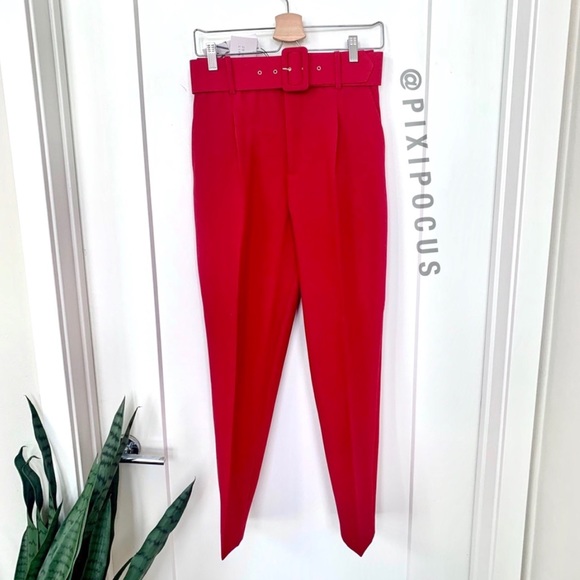 NWT ZARA BELTED HIGH WAISTED PANTS RED - Picture 16 of 16